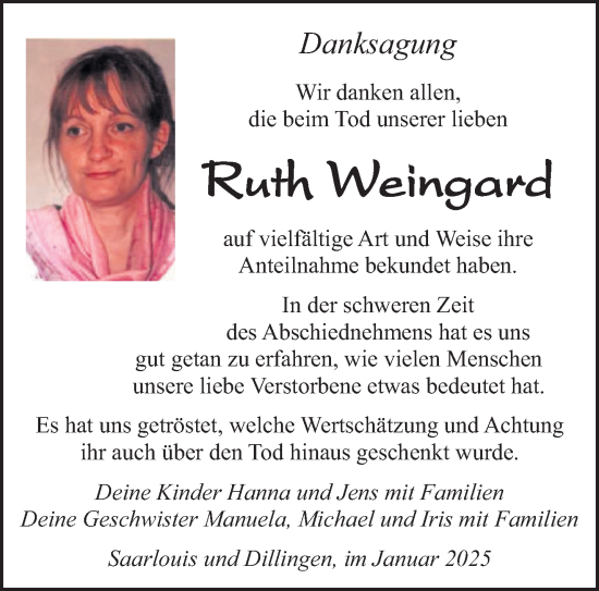 Traueranzeige von Ruth Weingard von saarbruecker_zeitung