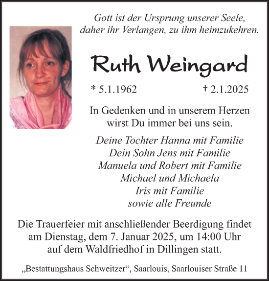 Traueranzeige von Ruth Weingard von saarbruecker_zeitung