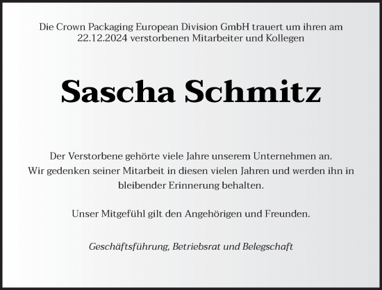 Traueranzeige von Sascha Schmitz von saarbruecker_zeitung