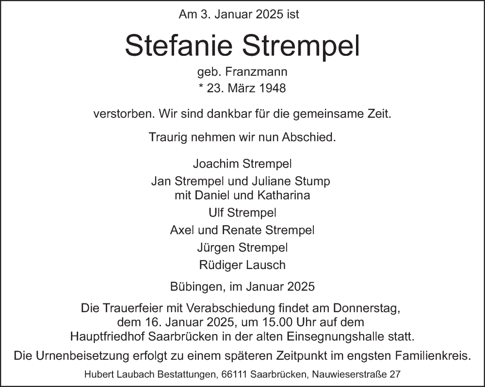  Traueranzeige für Stefanie Strempel vom 11.01.2025 aus saarbruecker_zeitung