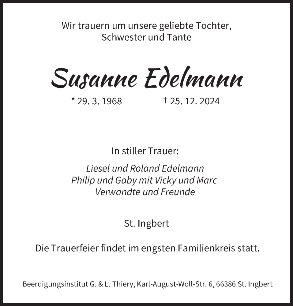  Traueranzeige für Susanne Edelmann vom 08.01.2025 aus saarbruecker_zeitung