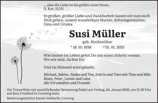 Traueranzeige von Susi Müller von saarbruecker_zeitung