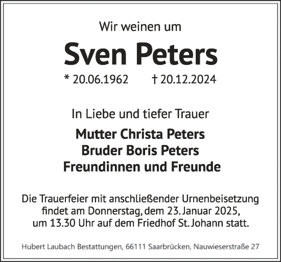 Traueranzeige von Sven Peters von saarbruecker_zeitung