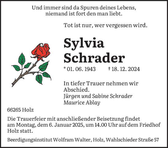 Traueranzeige von Sylvia Schrader von saarbruecker_zeitung