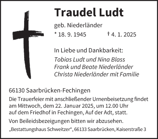 Traueranzeige von Traudel Ludt von saarbruecker_zeitung