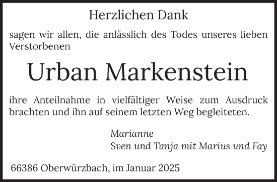 Traueranzeige von Urban Markenstein von saarbruecker_zeitung