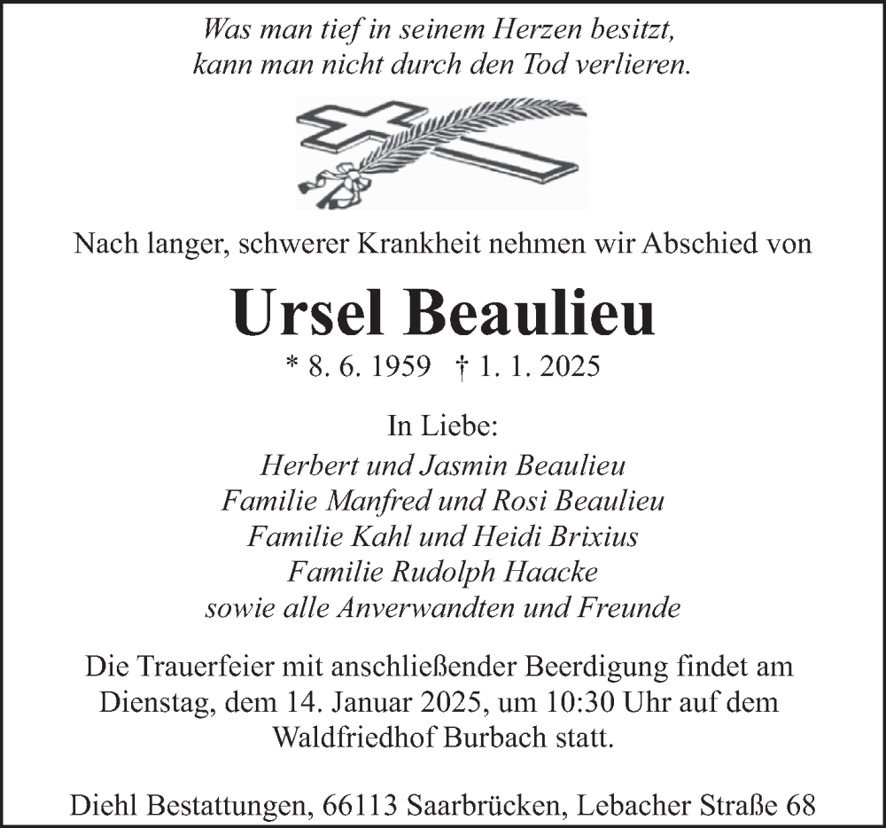  Traueranzeige für Ursel Beaulieu vom 11.01.2025 aus saarbruecker_zeitung