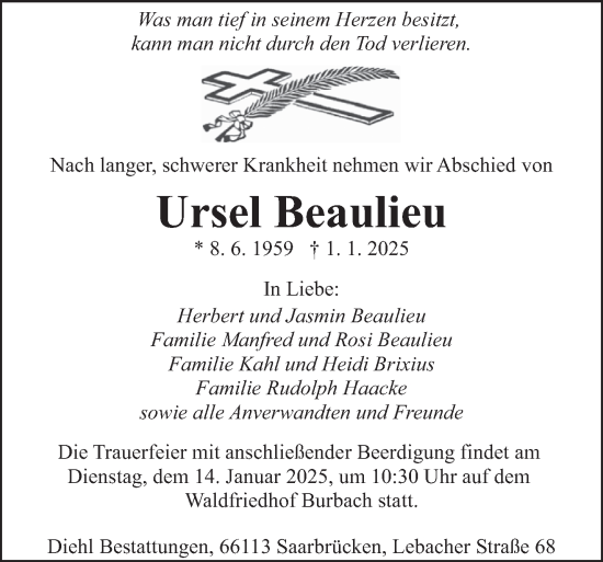 Traueranzeige von Ursel Beaulieu von saarbruecker_zeitung