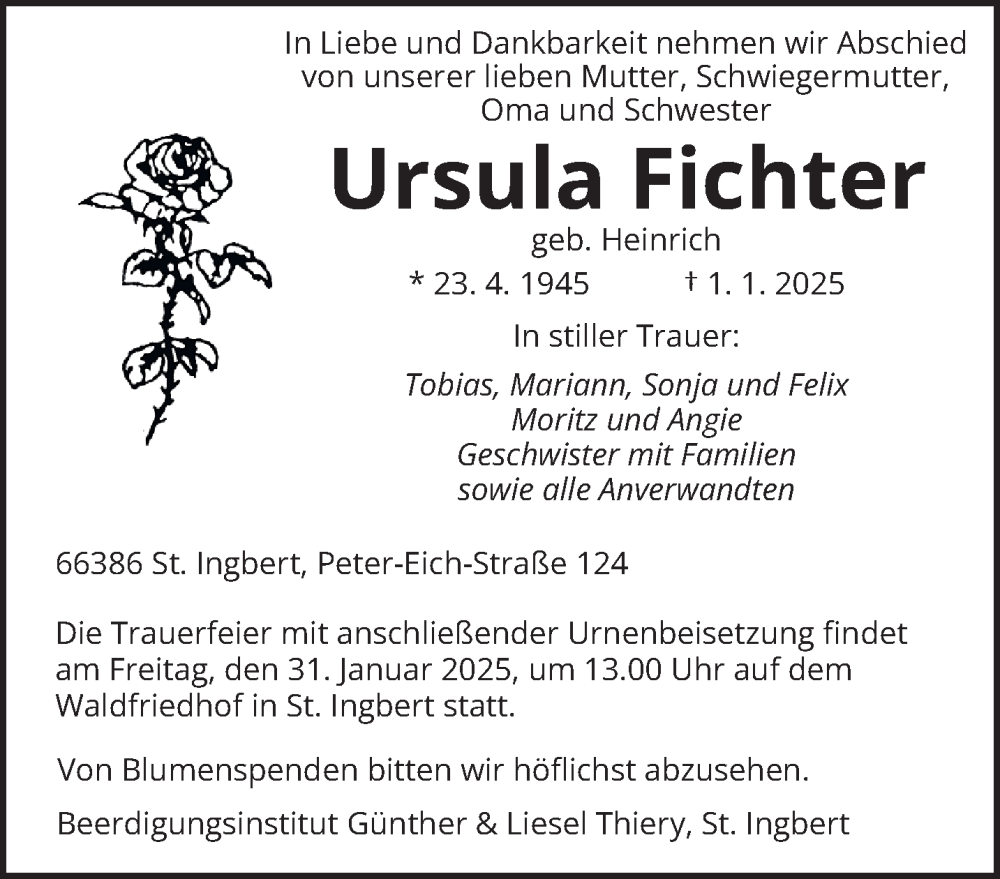  Traueranzeige für Ursula Fichter vom 18.01.2025 aus saarbruecker_zeitung