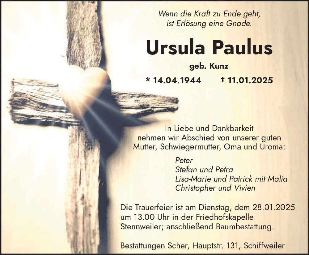  Traueranzeige für Ursula Paulus vom 22.01.2025 aus saarbruecker_zeitung