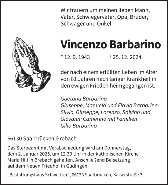 Traueranzeige von Vincenzo Barbarino von saarbruecker_zeitung