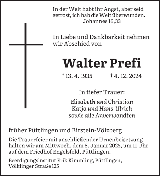 Traueranzeige von Walter Prefi von saarbruecker_zeitung