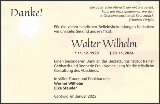 Traueranzeige von Walter Wilhelm von saarbruecker_zeitung