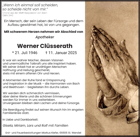 Traueranzeige von Werner Clüsserath von saarbruecker_zeitung