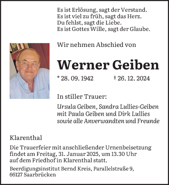Traueranzeige von Werner Geiben von saarbruecker_zeitung