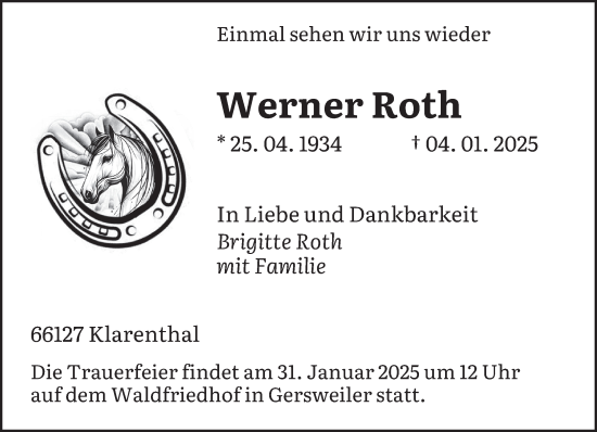 Traueranzeige von Werner Roth von saarbruecker_zeitung