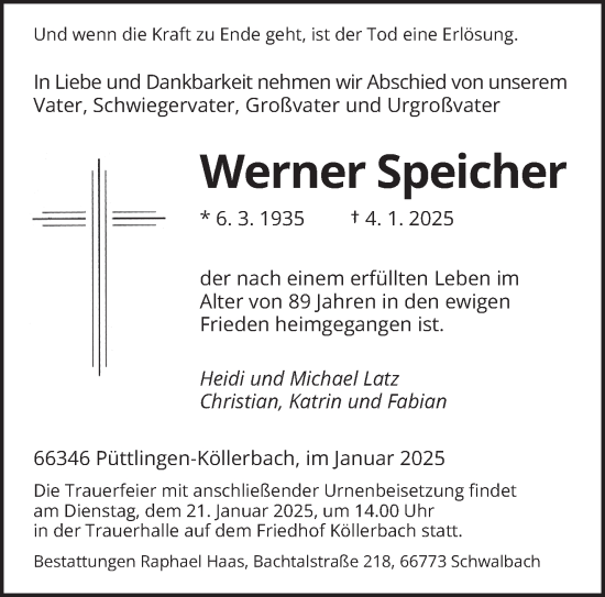 Traueranzeige von Werner Speicher von saarbruecker_zeitung