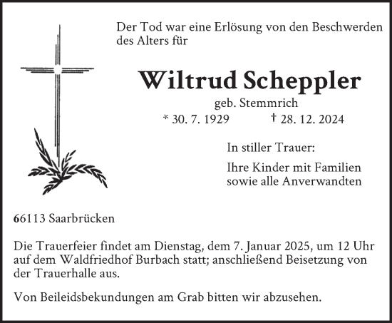 Traueranzeige von Wiltrud Scheppler von saarbruecker_zeitung