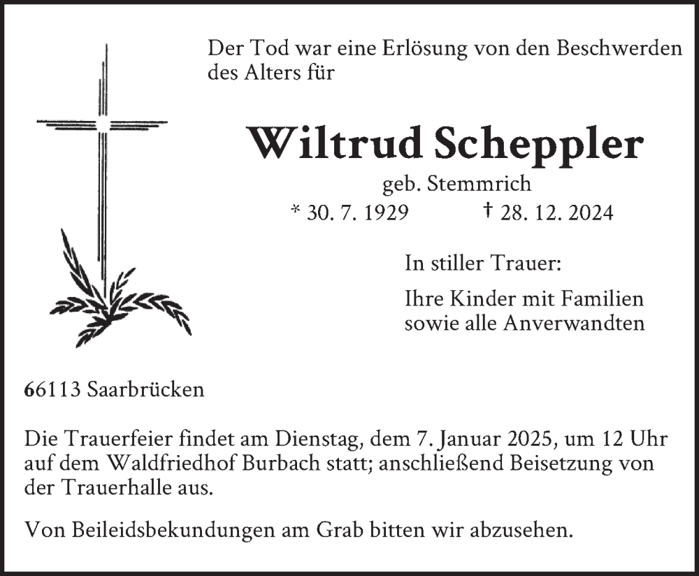  Traueranzeige für Wiltrud Scheppler vom 04.01.2025 aus saarbruecker_zeitung