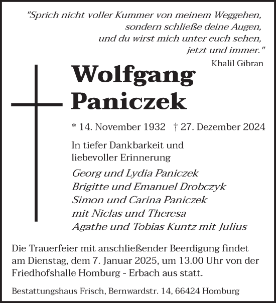 Traueranzeige von Wolfgang Paniczek von saarbruecker_zeitung