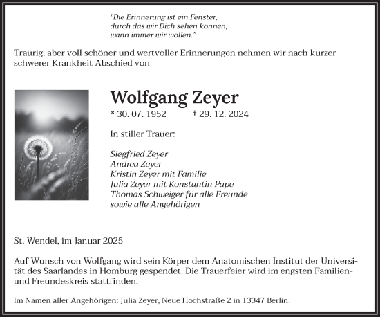 Traueranzeige von Wolfgang Zeyer von saarbruecker_zeitung