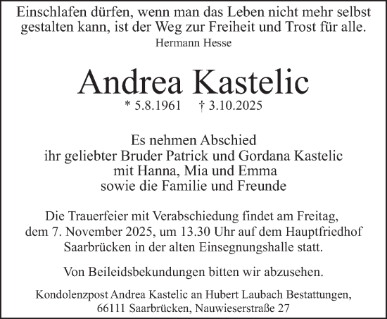 Traueranzeige von Andrea Kastelic von saarbruecker_zeitung