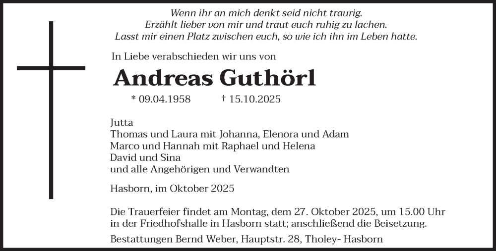 Traueranzeige für Andreas Guthörl vom 22.10.2025 aus saarbruecker_zeitung