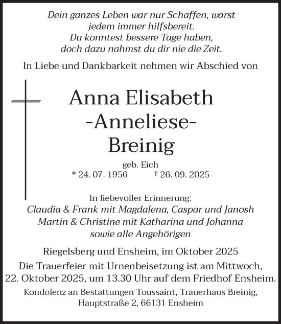 Traueranzeige von Anna Elisabeth Breinig von saarbruecker_zeitung