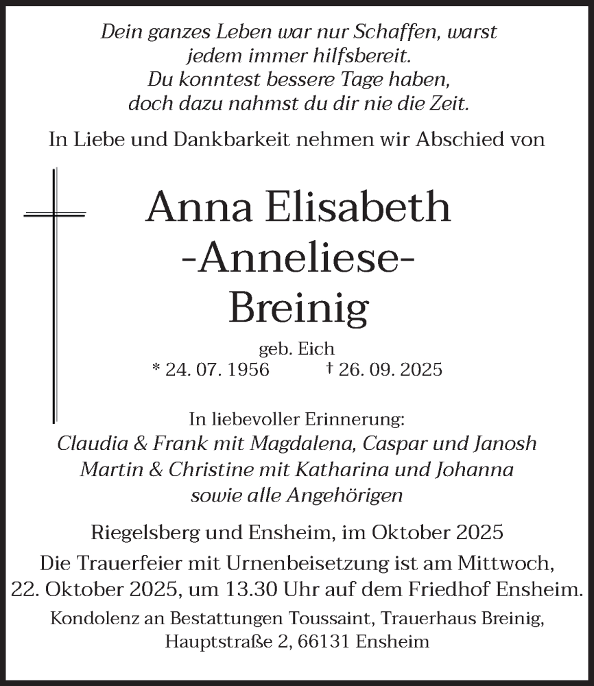  Traueranzeige für Anna Elisabeth Breinig vom 18.10.2025 aus saarbruecker_zeitung