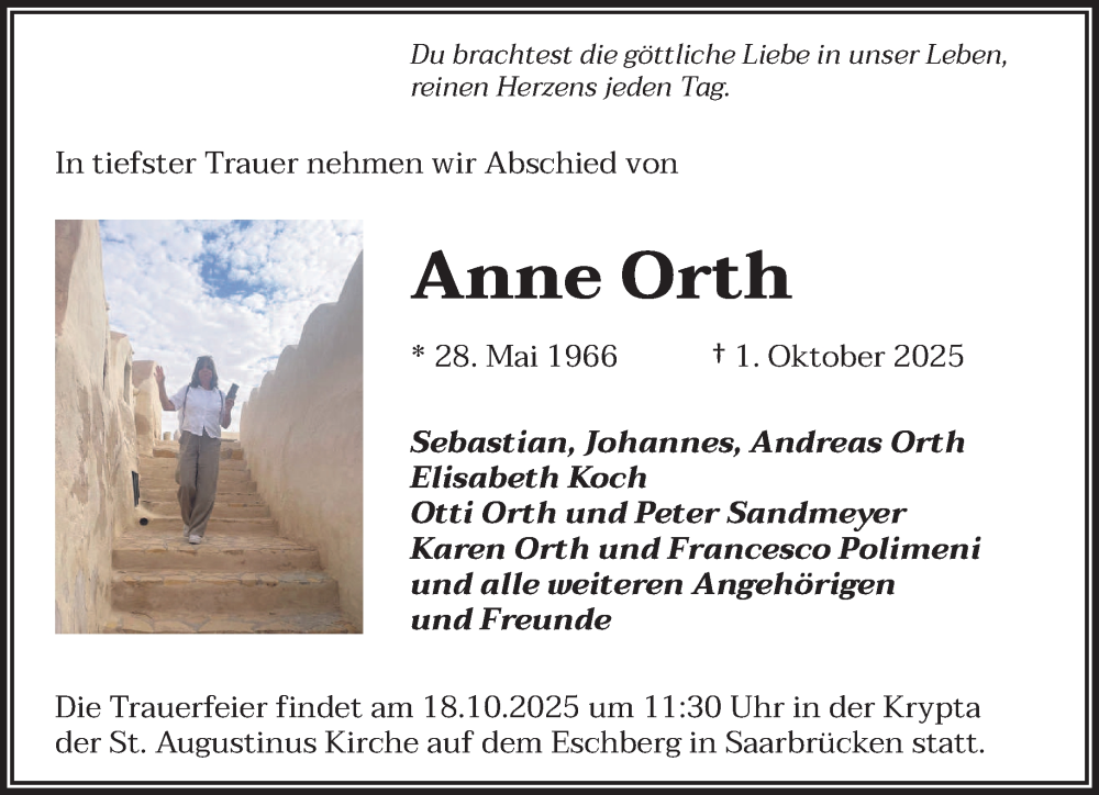  Traueranzeige für Anne Orth vom 14.10.2025 aus saarbruecker_zeitung