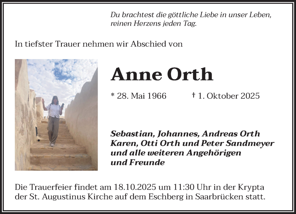  Traueranzeige für Anne Orth vom 11.10.2025 aus saarbruecker_zeitung