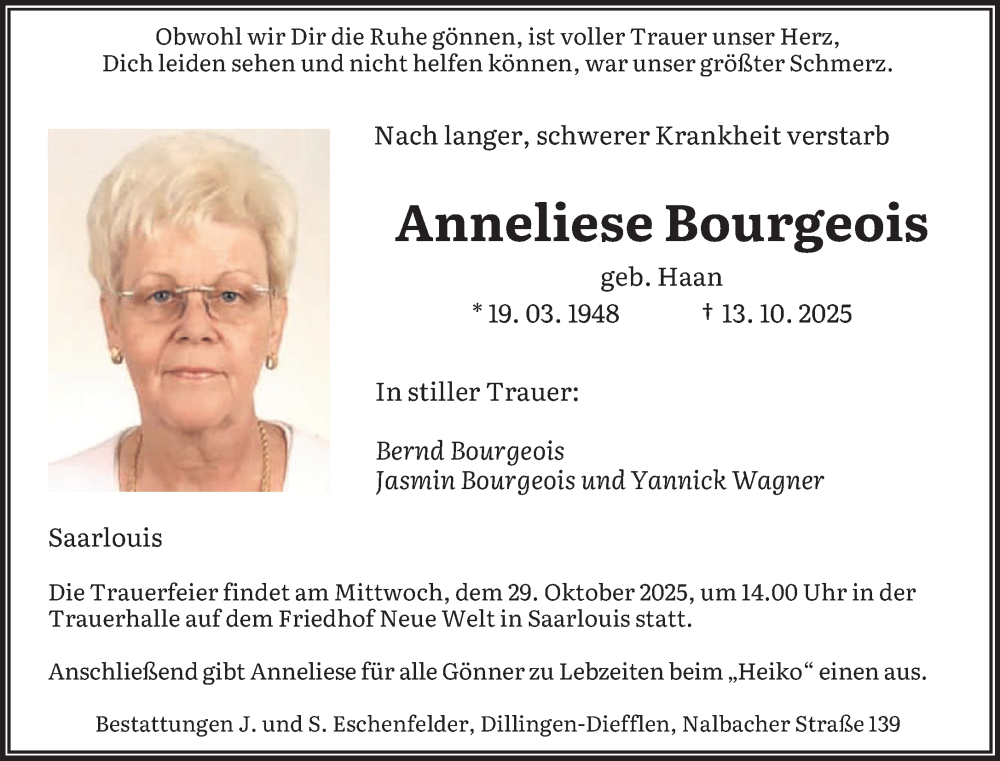  Traueranzeige für Anneliese Bourgeois vom 25.10.2025 aus saarbruecker_zeitung