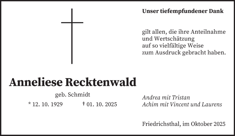  Traueranzeige für Anneliese Recktenwald vom 25.10.2025 aus saarbruecker_zeitung