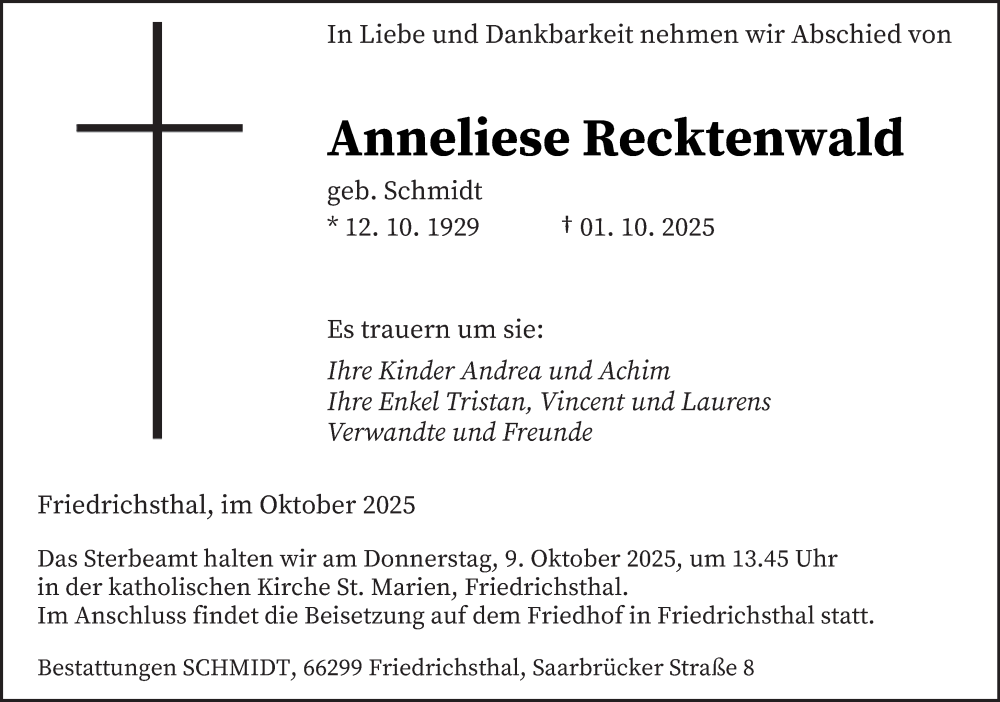  Traueranzeige für Anneliese Recktenwald vom 04.10.2025 aus saarbruecker_zeitung
