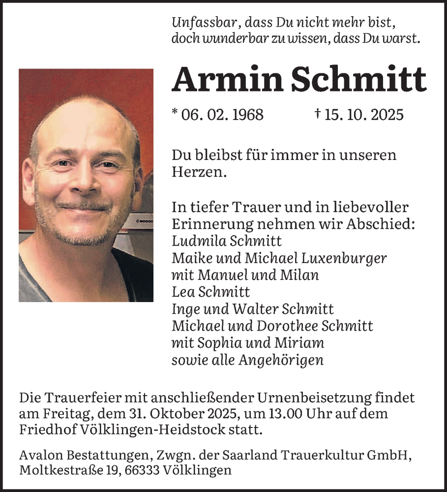  Traueranzeige für Armin Schmitt vom 25.10.2025 aus saarbruecker_zeitung