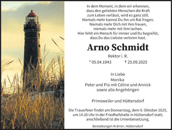 Traueranzeige von Arno Schmidt von saarbruecker_zeitung