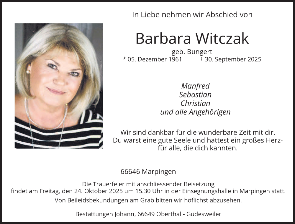  Traueranzeige für Barbara Witczak vom 17.10.2025 aus saarbruecker_zeitung
