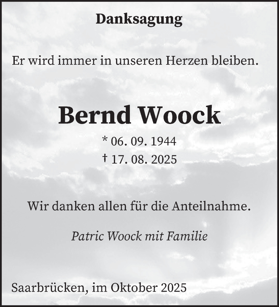  Traueranzeige für Bernd Woock vom 11.10.2025 aus saarbruecker_zeitung