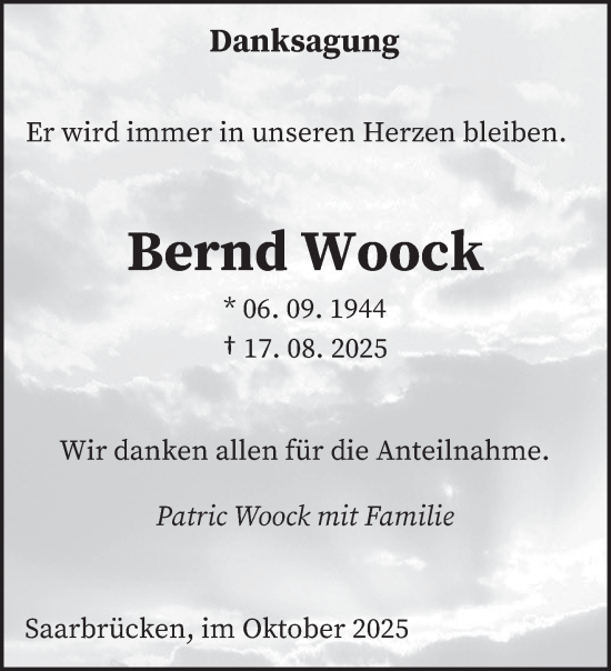 Traueranzeige von Bernd Woock von saarbruecker_zeitung