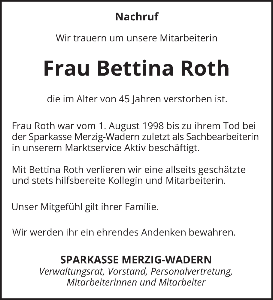  Traueranzeige für Bettina Roth vom 30.10.2025 aus saarbruecker_zeitung