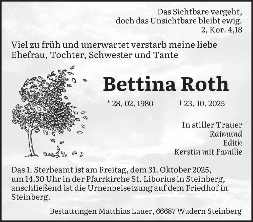  Traueranzeige für Bettina Roth vom 30.10.2025 aus saarbruecker_zeitung