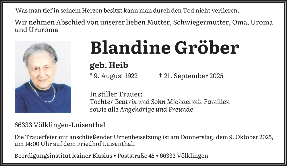  Traueranzeige für Blandine Gröber vom 04.10.2025 aus saarbruecker_zeitung