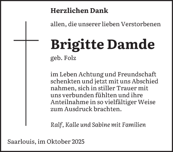 Traueranzeige von Brigitte Damde von saarbruecker_zeitung