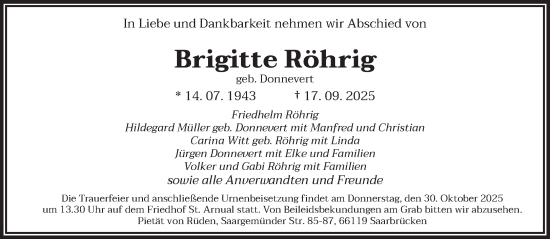 Traueranzeige von Brigitte Röhrig von saarbruecker_zeitung