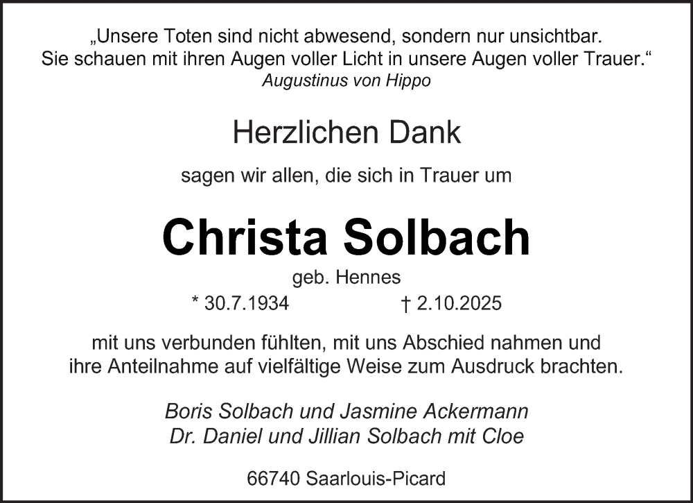  Traueranzeige für Christa Solbach vom 18.10.2025 aus saarbruecker_zeitung