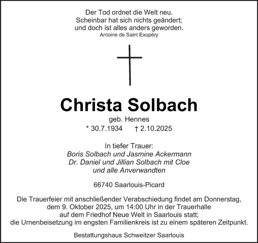  Traueranzeige für Christa Solbach vom 07.10.2025 aus saarbruecker_zeitung