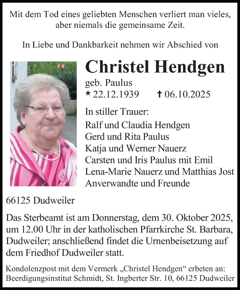  Traueranzeige für Christel Hendgen vom 18.10.2025 aus saarbruecker_zeitung