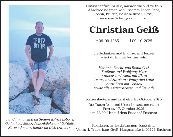 Traueranzeige von Christian Geiß von saarbruecker_zeitung