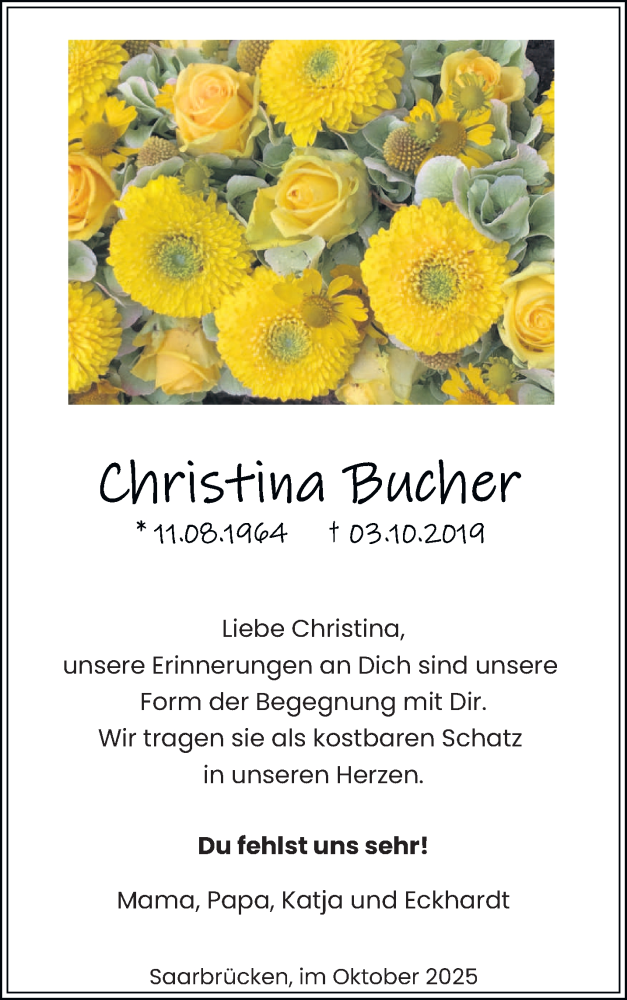  Traueranzeige für Christina Bucher vom 04.10.2025 aus saarbruecker_zeitung