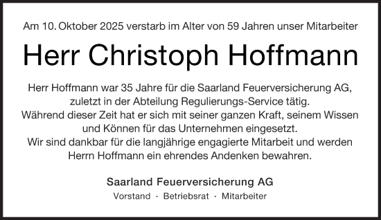 Traueranzeige von Christoph Hoffmann von saarbruecker_zeitung